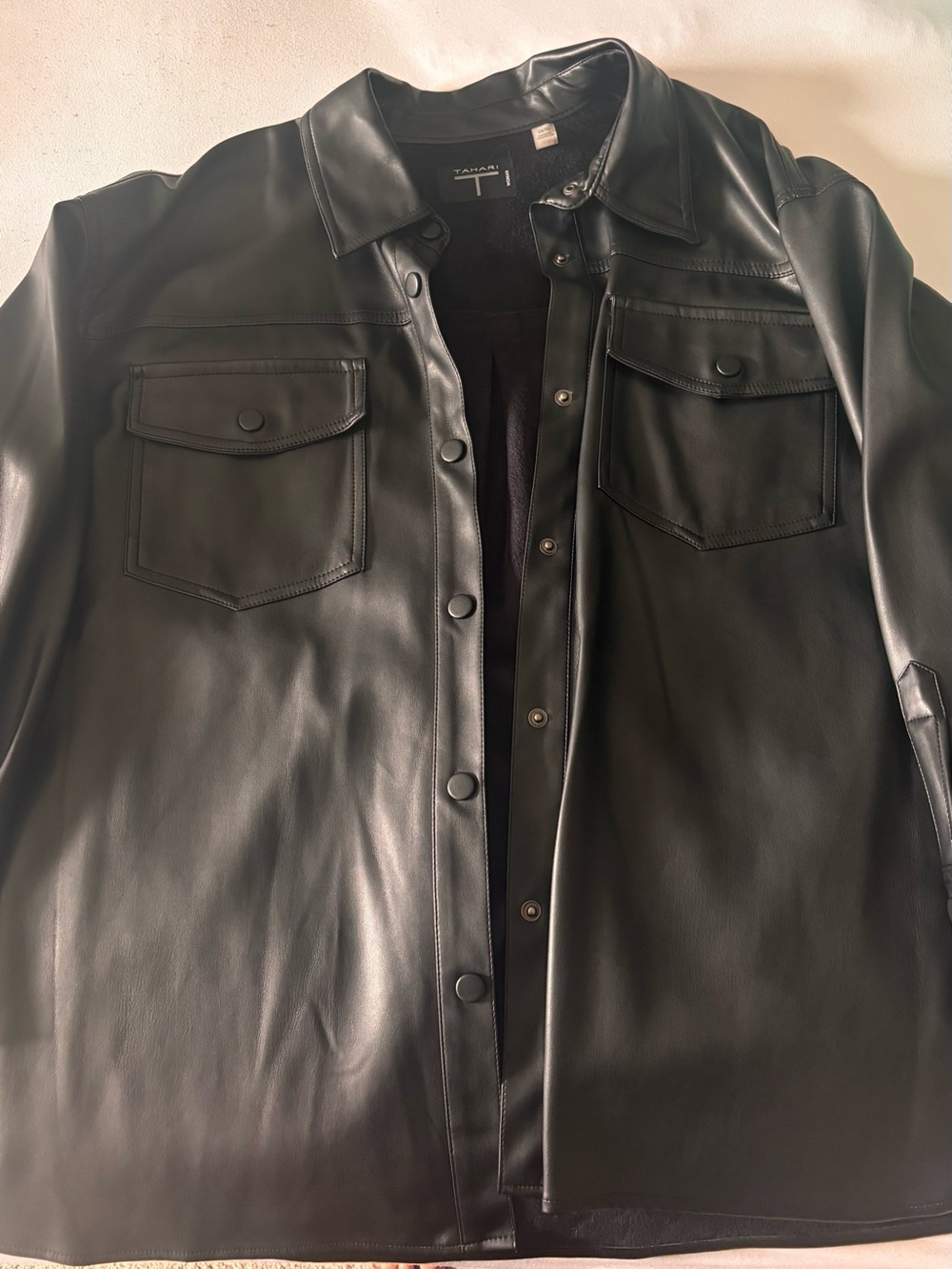 TAHARI Black Leather Snap-Front Shirt Jacket